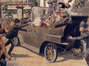 L'assassinat de l'archiduc François Ferdinand ,d'Autriche-Hongrie et de sa femme ,par  Gravilo Pricip,le 28 juin 1914 à Sarajevo.Ce double meurtre commandée par la Main Noire va précipiter le monde dans la Grande Guerre.